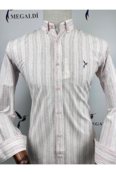 MEGALDİ Erkek Regular Fit Pamuklu Mürdüm Çizgili Uzun Kollu Gömlek