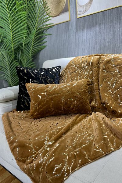 Paris Life Mustard Rabbit Plush Gold Foil Printed Sofa Cover and Shawl