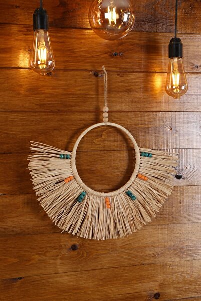 bh bohem handmade Dekoratif Yelpaze Rafya Ayna Boncuklu Duvar Süsü Y0006