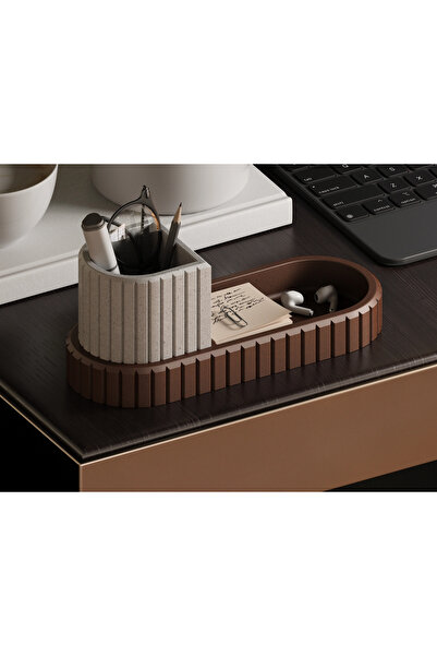 three3dprints Ofis Masa Üstü Düzenleyici Organizer Kahve Gri Plastik 22cm
