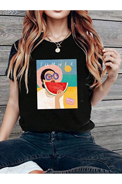 over head oh Tricou supradimensionat cu imprimeu Black Summer Relax Enjoy pen...