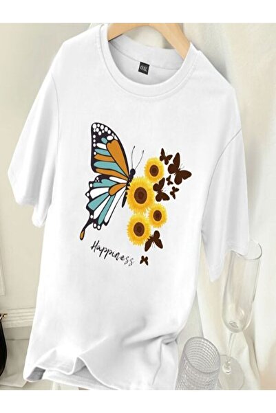 classy moda Μπλουζάκι με λευκή στάμπα Oversize - Crew Neck, κοντό μανίκι