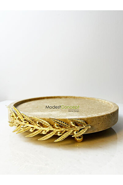 Modestmar Traverrten Yuvarlak Sunum Tepsisi Top Ayaklı Zeytin Dalı Objeli