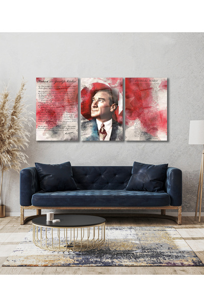 duvarsanatı Atatürk İstiklal Marşı ve Gençliğe Hitabe Üçlü Set Cam Tablo, Modern Ofis Hediyelik Büyük Tablo