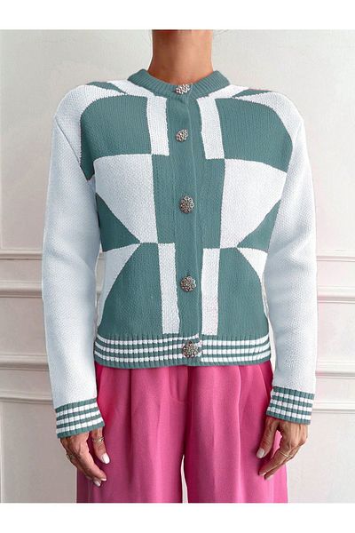 Puella Women's Knitwear Cardigan Bone Knitwear Cardigan Green Knitwear Cardigan Geometric Patterned Knitwear Cardigan