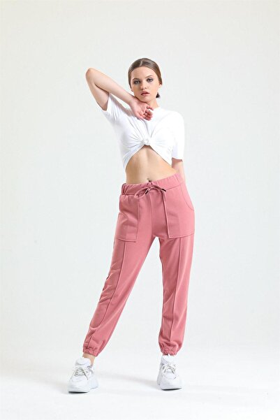 pulur.co بنطال رياضي ذو خصر مرتفع من Dusty Rose مع جيوب داخلية وأرجل مطاطية