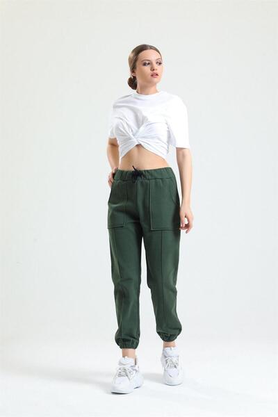 pulur.co بنطال رياضي كاكي بخصر عالٍ مع جيوب داخلية وأرجل مطاطية