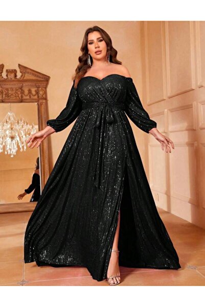 Styling Park Omuz Dekolteli Uzun Payet Abiye Elbise Geniş Beden Aralığı