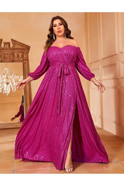 Styling Park Omuz Dekolteli Uzun Payet Abiye Elbise Geniş Beden Aralığı