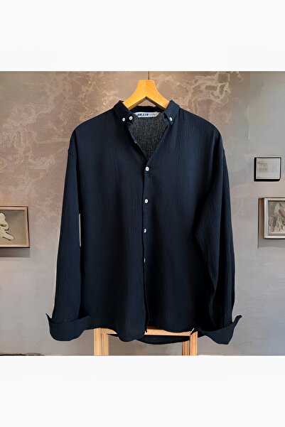 Hazhers Erkek Oversize Gömlek Yaka %100 Keten Uzun Kollu Yazlık Gömlek