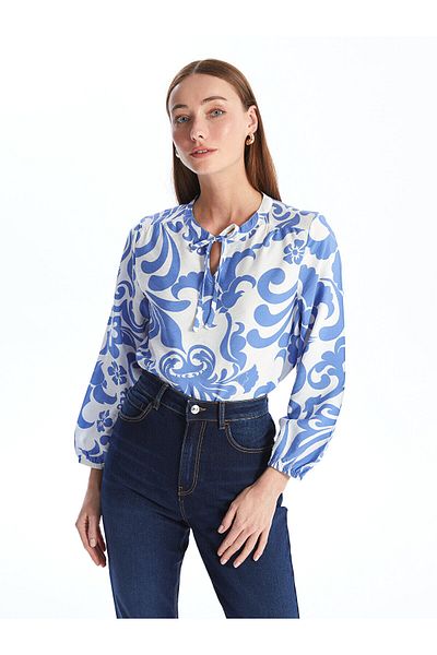LC Waikiki LCW - Γυναικεία μακρυμάνικη μπλούζα με δεμένο γιακά και φλοράλ στάμπα
