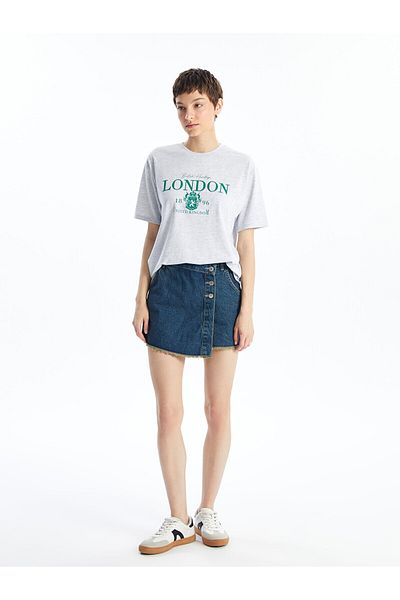 LC Waikiki LCW Oversize дамска тениска - кръгла яка, щампа, къс ръкав