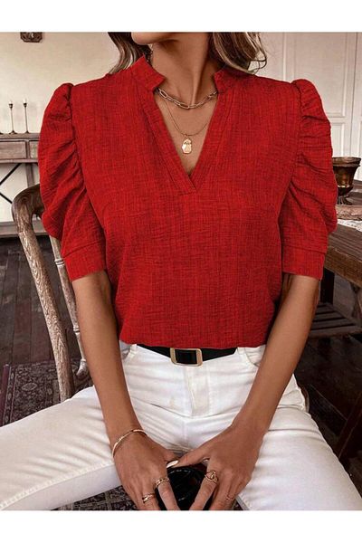 merysare Sofia Linen Fabric V-Neck Balloon Sleeve Women's Blouse (Colored)