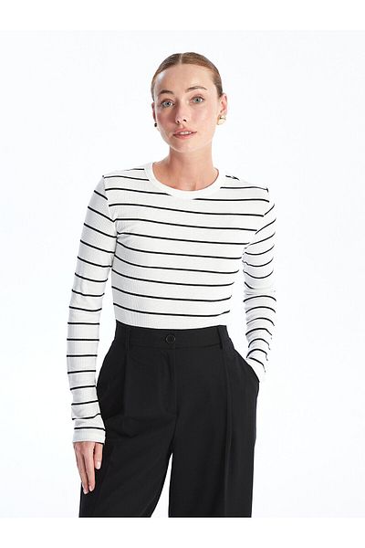 LC Waikiki LCW Damen-Bodysuit mit Streifen und Rundhalsausschnitt und langen Ärmeln