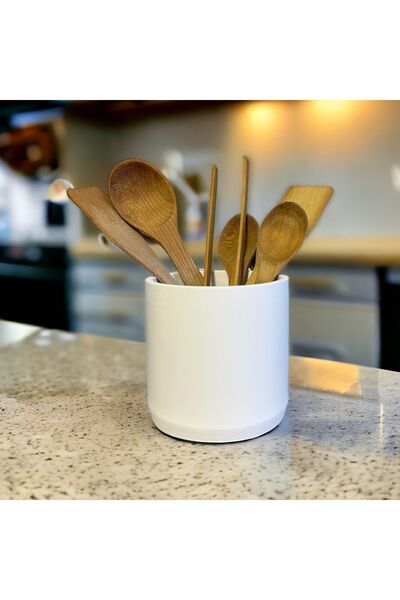 Miya Art Studio أسطوانة خرسانية كبيرة باللون الأبيض - حامل أدوات مائدة عمودي