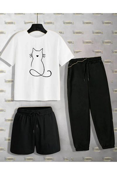 aynewmoda Cat Patterned T-shirt and Shorts Tracksuit Set