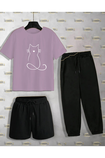 aynewmoda Σετ αθλητικής φόρμας T-shirt και σορτς με σχέδιο Cat