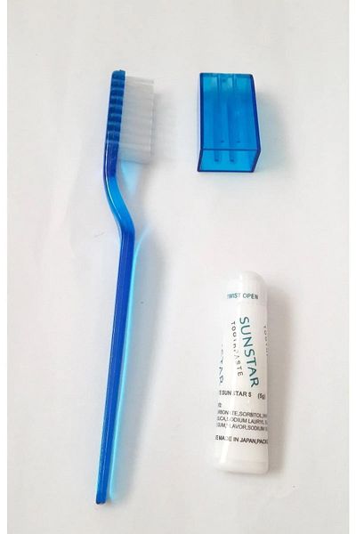 Sunstar 10 Pieces Pocket Size Travel Toothbrush with Lid Medium & Toothpaste - Blue