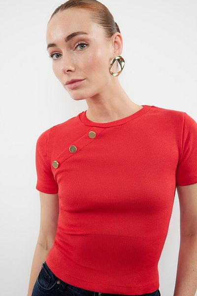 Trendyol Collection Stretchy Corded Red Knitted Blouse - Button Detail, Fitted TWOSS24BZ00536
