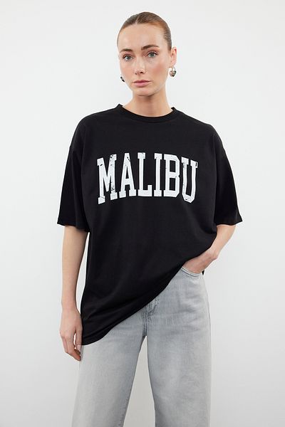 Trendyol Collection City Slogan Printed Black Oversize T-Shirt - 100% Cotton TWOSS24TS00127