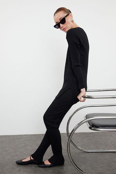 Trendyol Collection Flexible Corded Knitted Blouse and Trousers Set - Black Crew Neck TWOAW25AU00061