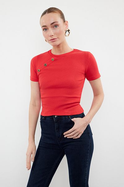 Trendyol Collection Stretchy Corded Red Knitted Blouse - Button Detail, Fitted TWOSS24BZ00536