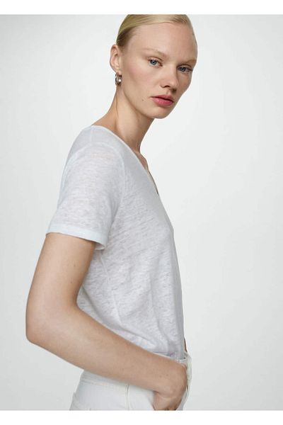 MANGO Woman Tricou din in cu decolteu în V