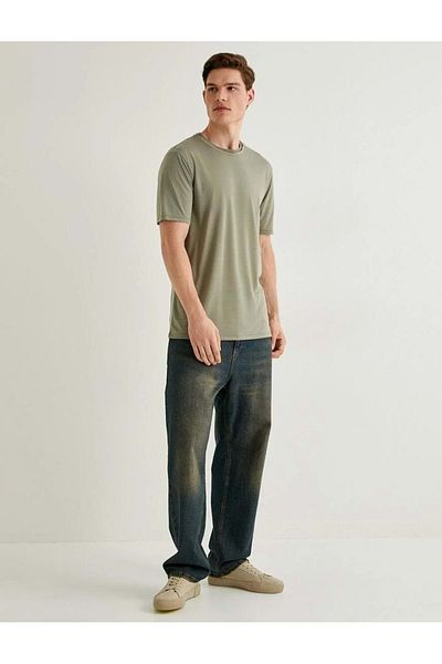 Koton Μπλουζάκι με κοντό μανίκι με λαιμόκοψη Khaki Slim Fit - 4SAM10276HK