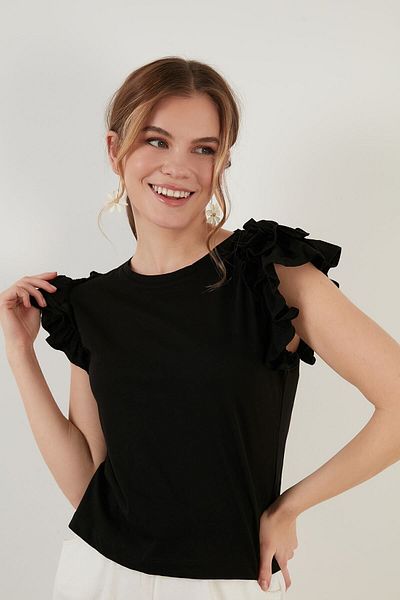Lela Slim Fit Crew Neck 100% Cotton T Shirt with Ruffle Sleeves 5864500