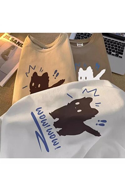 Touz Moda Λευκό μπλουζάκι Unisex Oversize - Wow Cat Printed