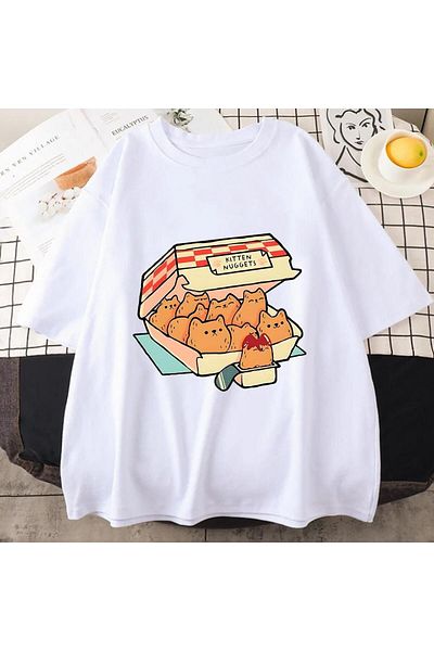 Touz Moda Λευκό μπλουζάκι Unisex Oversize - Kitten Nuggets Printed
