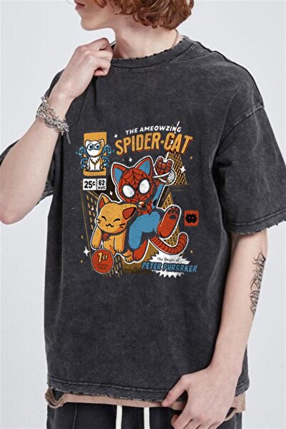 Touz Moda Прати Spider-cat з принтом Unisex Oversize з ефектом старіння T-shirt