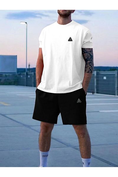 Mella&Co White Black Triangle UFO Logo T-Shirt and Shorts - Printed Crew Neck T-Shirt and Shorts Set