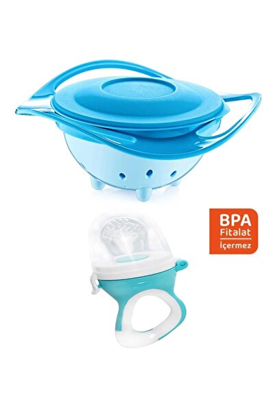 Babyjem Beslenme Seti - Dökülmeyen Tabak Mavi & Silikon Meyve Sebze Emziği Mavi