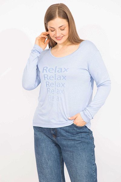 Şans Women's Baby Blue Plus Size Crew Neck Front Printed Blouse 65n35567