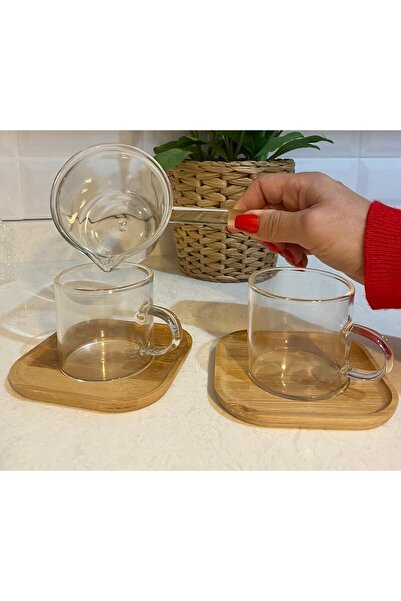 NEF HOME Cam Cezve Ve Fincan Takımı 2'li Set  Tabak Kare