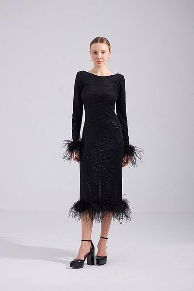 Mozto Patrice Feather Black Long Dress