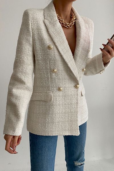 Miyore New Season Double Breasted Collar Gold Buttoned Blazer Tweed Jacket
