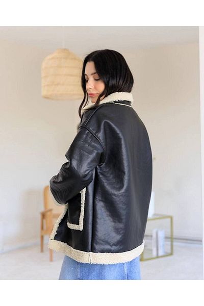 Lady Pixie Furry Faux Leather Coat with Large Pockets