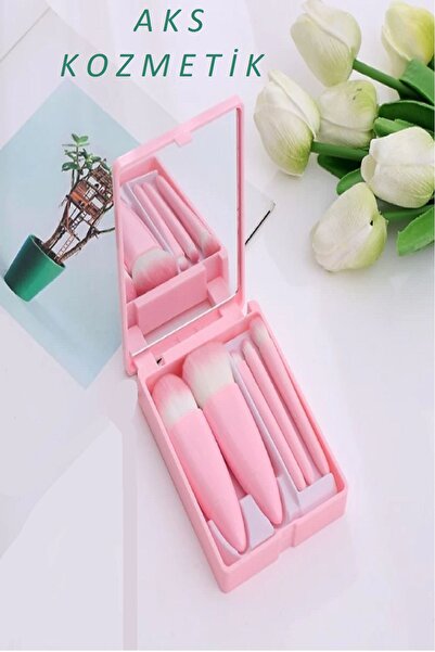 aks kozmetik PEMBE Taşınabilir Aynalı 5'li Makyaj Fırça Seti Göz Farı, Fondöt...