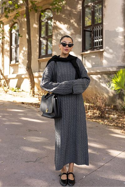 Askı Nişantaşı Anthracite Crew Neck Hair Braided Knitwear φόρεμα 101-01382