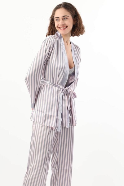 Nilay iç giyim Set de cămașă de noapte cu bustieră în dungi pentru femei, argintiu