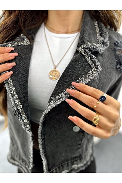 Lady Pixie Püsküllü Taş Işlemeli Yırtık Detay Kot Ceket