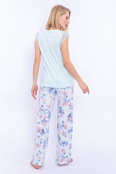 Arnetta Λεπτομερές σετ γυναικείες πιτζάμες με φλοράλ μοτίβο μπλε δαντέλας