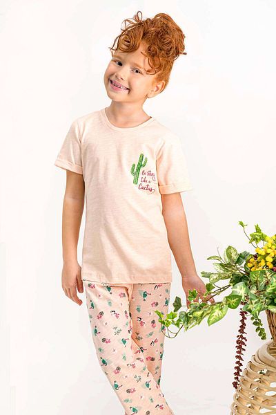 Arnetta Girl - Cactus Salmon Short Sleeve Crew Neck Pajamas Set