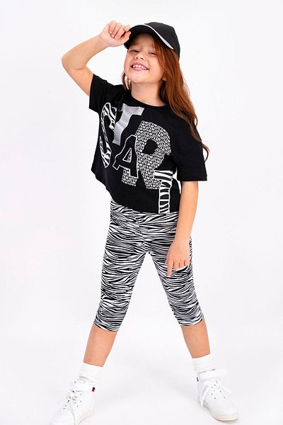 ROLY POLY Zebra Patterned Black Girl's Rolypoly Start Leggings and Capri Set