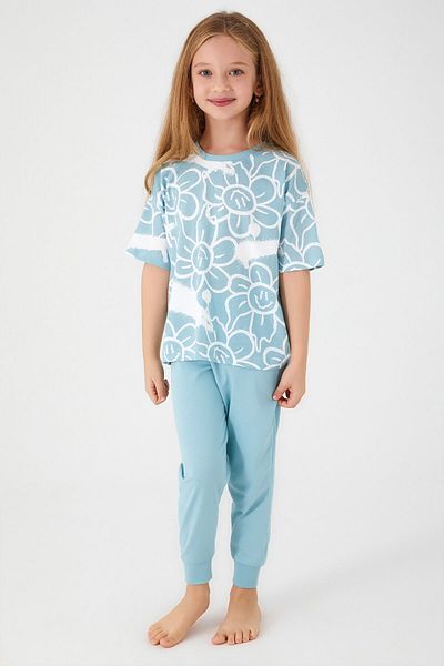 ROLY POLY Rolypoly Flowers Turquoise Girl's Short Sleeve Pajama Set