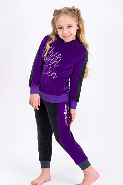 ROLY POLY Rolypoly This Girl Can Mor Kız Çocuk Kadife Kapüşonlu Eşofman Takımı