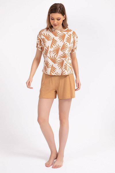 Arnetta Camel Leaf Patterned Women's Shorts Set