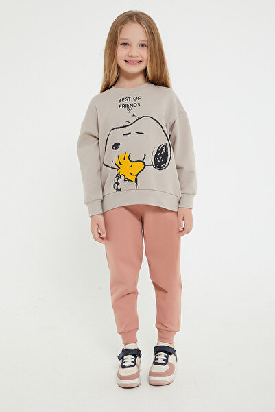 SNOOPY L1538-g Snoopy Baskılı O Yaka Eşofman 9-15 Yaş Kum Rengi